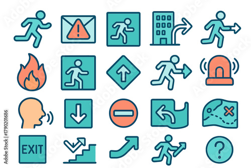 Collection of safety instruction and emergency evacuation pictograms for signage