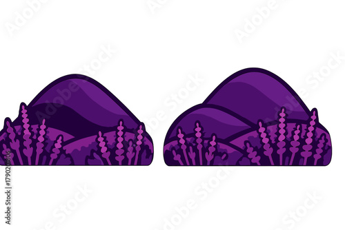 Stylized purple lavender field landscape elements with rolling hills