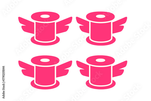 Isometric pink thread spool icons featuring stylized wings pattern