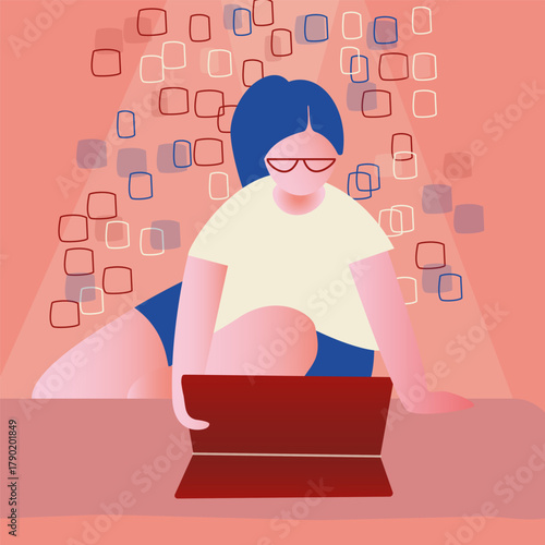 Girl Sitting with Tablet Pink Background Vector