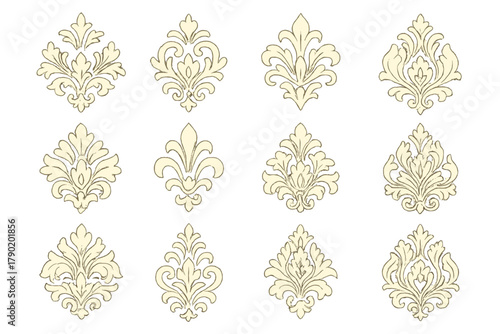 Twelve ornate damask style ornamental motifs in pale yellow