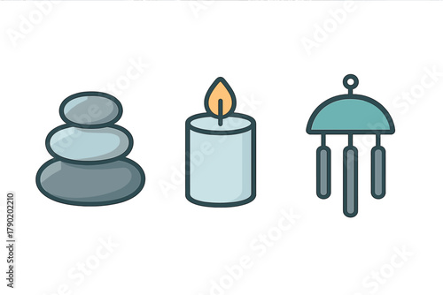 Stacked stones candle and wind chime icons for spa and meditation