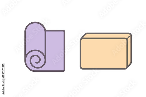 Rolled yoga mat and fitness block icons for exercise