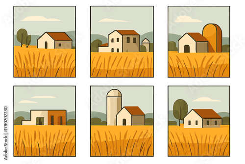 Six stylized farm buildings set in golden wheat fields