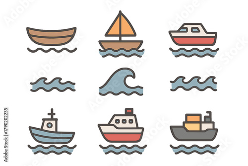 Colorful icons representing various boats and ocean waves
