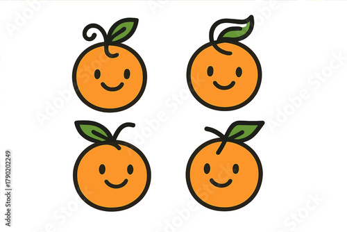 Four cheerful orange fruit emoticons with stylized leaves