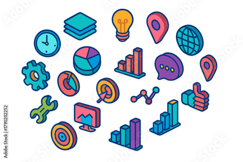 Isometric business analytics and settings icon collection in bright colors