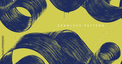 Seamless pattern hand drawn spiral brush strokes with grainy spray effect. Art curved lines form a bold banner. Distressed Seamless pattern vector retro with rough texture, scattered small dotted.