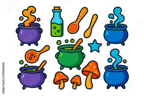 Colorful cartoon witch cauldrons potions and magic ingredient icons