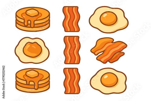 Stack of pancakes with butter and syrup, fried eggs, and bacon strips icons