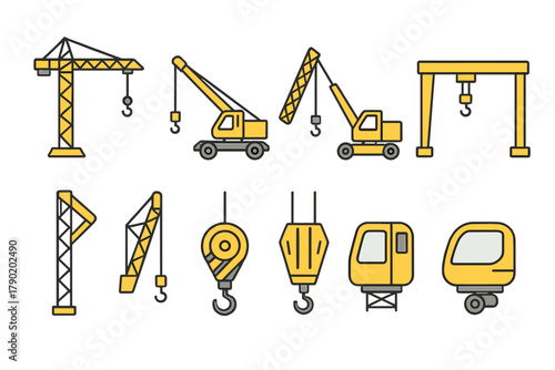 Yellow construction crane icons and machinery components