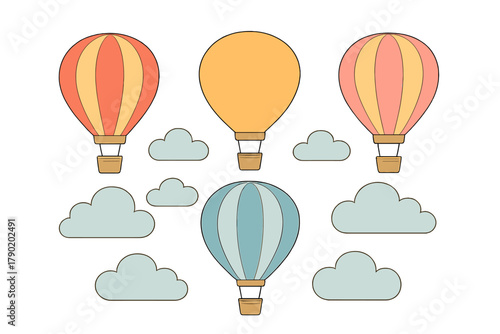 Colorful hot air balloons soaring above stylized white clouds in clear blue sky