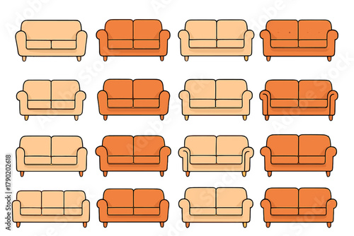 Modern sofa and couch icons in beige and orange color palette