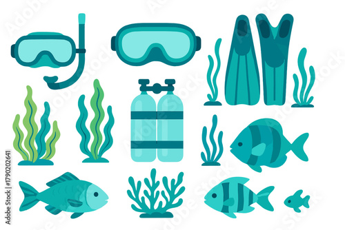 Colorful scuba diving gear and tropical fish icons for underwater themes