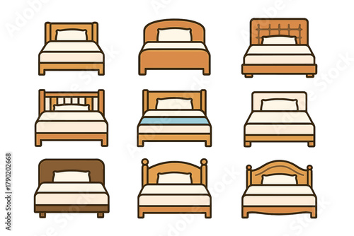 Collection of nine different wooden bed icons with pillows and bedding
