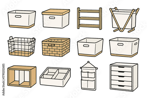 Various home organization storage containers and shelving units for decluttering