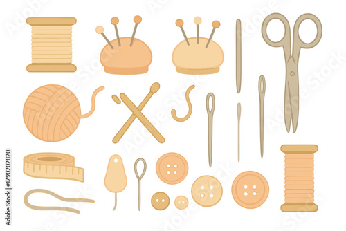 Sewing and knitting craft supplies collection with thread spools and buttons
