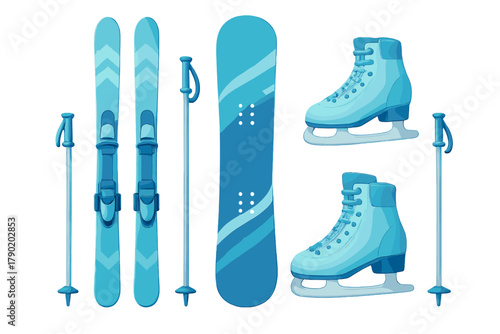 Assortment of blue winter sports equipment including skis, snowboard, and ice skates
