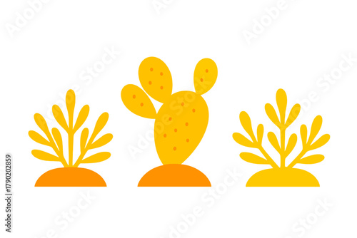 Stylized yellow desert plants and prickly pear cactus icons