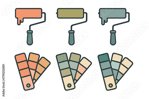 Paint roller tools and color palette swatches for interior design