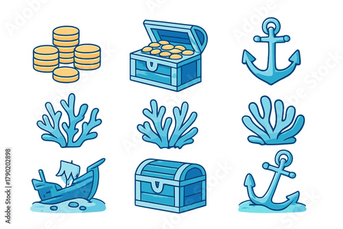 Blue underwater icons featuring treasure, anchor, and various sea life elements