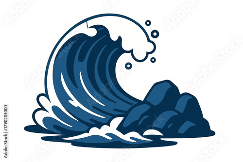 Stylized crashing ocean wave breaking over dark coastal rocks