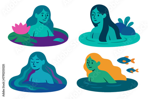 Four stylized portraits of women relaxing in water with aquatic elements