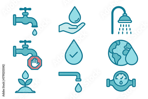Water conservation and usage icons featuring faucets and drops