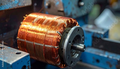 Coiled copper winding on a motor part on aged blue machinery