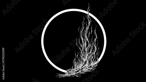 Abstract white ethereal wisps emerging from a luminous circle on a minimalist black background. Conceptual energy flow design.