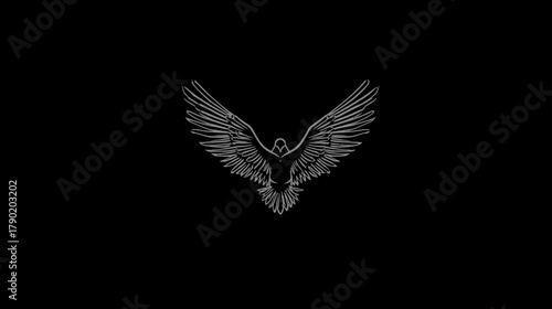 Powerful Flying Eagle with Spread Wings, Minimalist White Line Art on Black Background, Majestic Bird of Prey Graphic Emblem