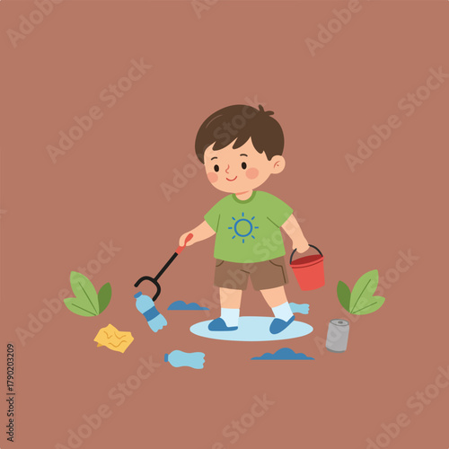 An adorable cartoon boy is cleaning up litter with a litter picker, wearing a green t-shirt and brown shorts.