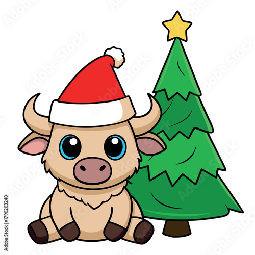Holiday Vector Zodiak Animal – Taurus with Red Hat, Christmas Tree, White Background, Whimsical