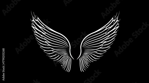 Stylized white angel wings graphic illustration on a stark black background. Concept of freedom, spirituality, elegance, and ascension.