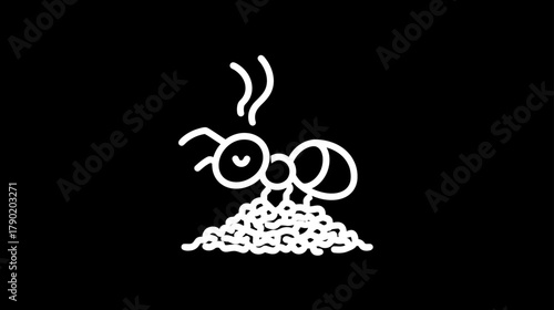 Minimalist white line art cartoon ant smelling a pile of food crumbs on a black background, simple insect illustration