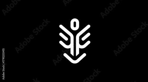 Abstract modern line art symbol depicting a stylized human figure or plant, signifying growth, connection, and harmony on a black background.