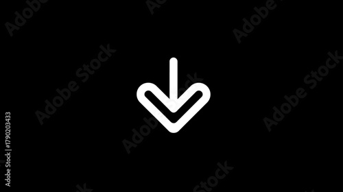 White Downward Pointing Arrow Icon on Black Background. Simple Minimalist Graphic for Web Design, UI, Download, and Navigation Symbol.