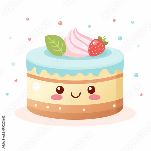 Cute cartoon cake with strawberry, cream, and mint leaf topping.