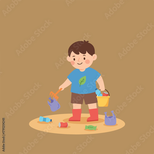 A young boy in boots and a leaf t-shirt cleans up litter with a rake, putting trash bags, bottles, and cans into a yellow bucket on a tan background.
