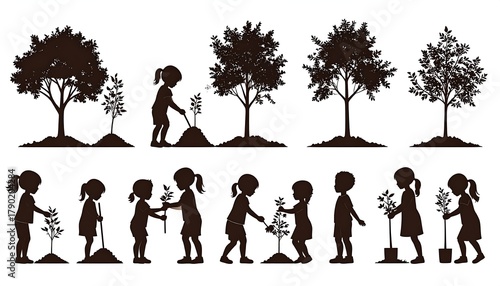 Black silhouette of children planting trees, nurturing young saplings, symbolizing growth and environmental care
