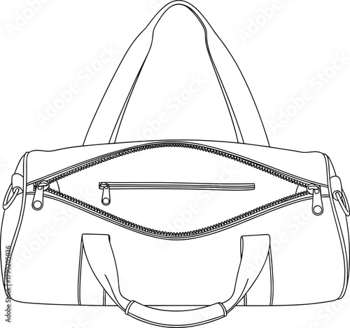 Front view duffel bag line drawing, travel luggage vector illustration with zipper details, gym sports bag outline for branding design