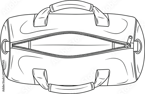 Top view duffel bag line drawing, detailed travel luggage vector illustration with zipper, sports gym bag outline design for product branding