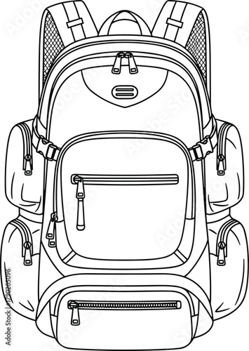 Detailed travel backpack line drawing, modern hiking bag vector illustration with multiple zipper pockets, outdoor gear design concept, school bag outline