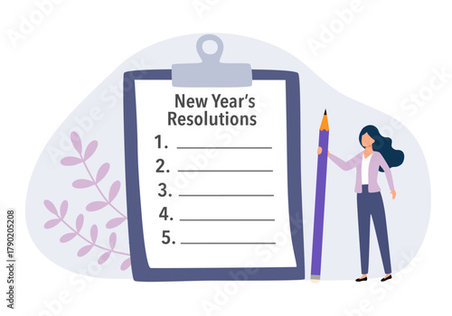 Plan your future and write down your list, goals and ideas. Woman holds pencil and taking notes planning for New Year's resolution.
