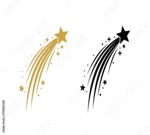 Illustration of golden and black shooting star with a tail of smaller stars, creating a magical and celestial design for various applications