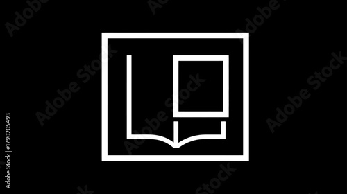 White line icon of an open book with an image placeholder, representing content layout, publishing, graphic design, and documentation.