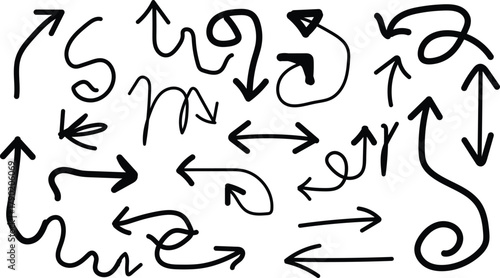 Collection of hand drawn sketchy arrows pointing in various directions and styles on a white background