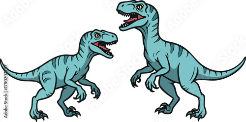 Two Blue Raptors A Cartoon Rendering of Prehistoric Reptiles