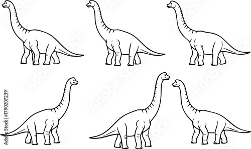 Line art illustration featuring a herd of serene Brontosaurus dinosaurs