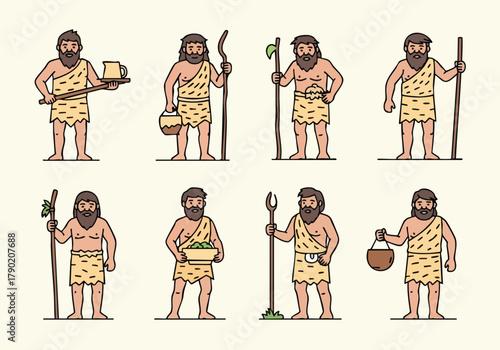 Caveman Character Set Diverse Poses and Utensils for Creative Projects